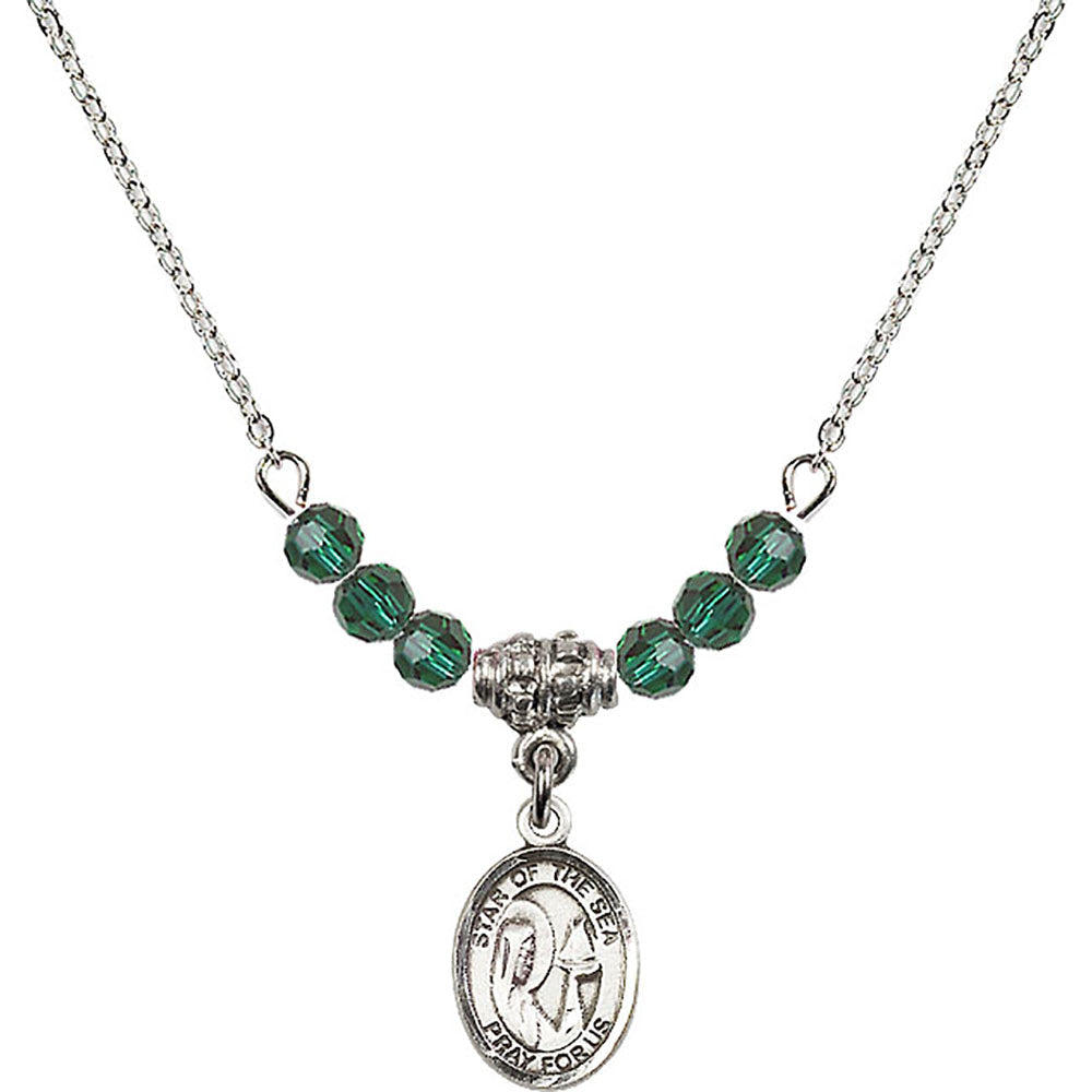 Sterling Silver Our Lady Star of the Sea Birthstone Necklace with Emerald Beads - 9101