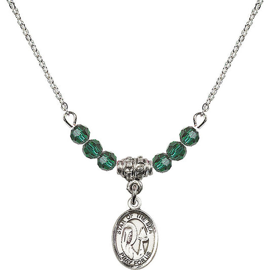 Sterling Silver Our Lady Star of the Sea Birthstone Necklace with Emerald Beads - 9101
