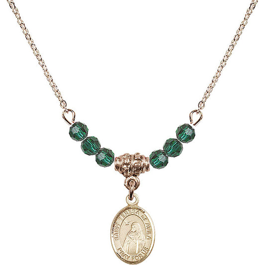 14kt Gold Filled Saint Teresa of Avila Birthstone Necklace with Emerald Beads - 9102