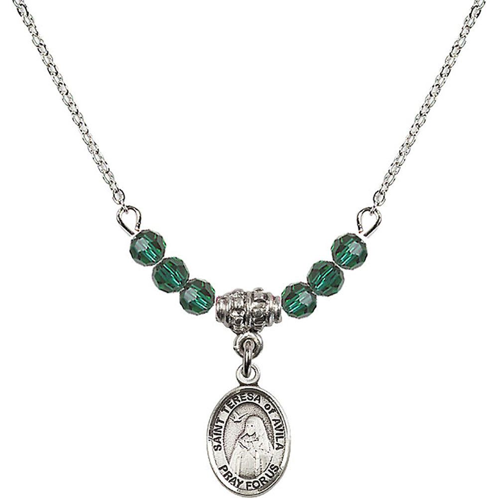 Sterling Silver Saint Teresa of Avila Birthstone Necklace with Emerald Beads - 9102