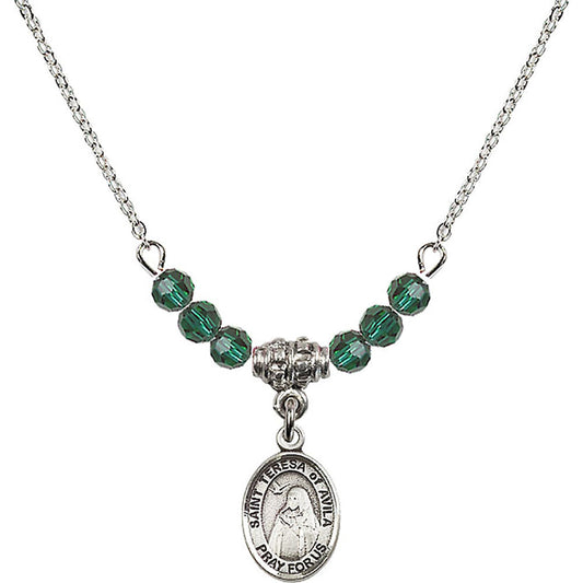 Sterling Silver Saint Teresa of Avila Birthstone Necklace with Emerald Beads - 9102