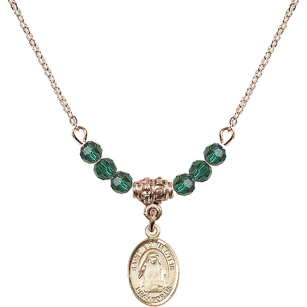 14kt Gold Filled Saint Edith Stein Birthstone Necklace with Emerald Beads - 9103