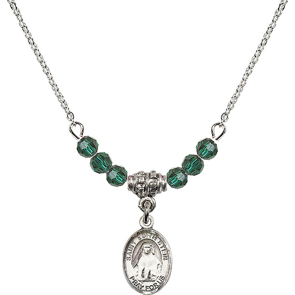 Sterling Silver Saint Edith Stein Birthstone Necklace with Emerald Beads - 9103