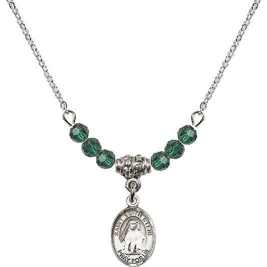 Sterling Silver Saint Edith Stein Birthstone Necklace with Emerald Beads - 9103