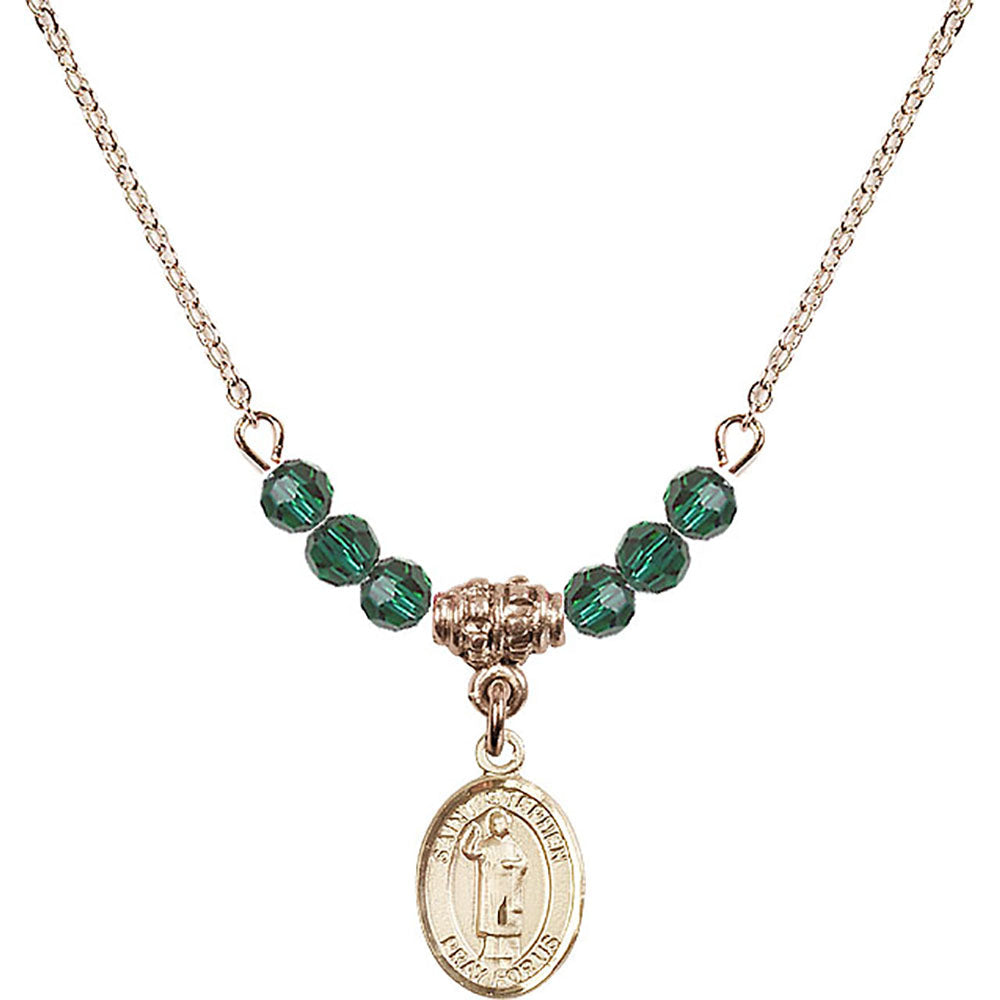14kt Gold Filled Saint Stephen the Martyr Birthstone Necklace with Emerald Beads - 9104