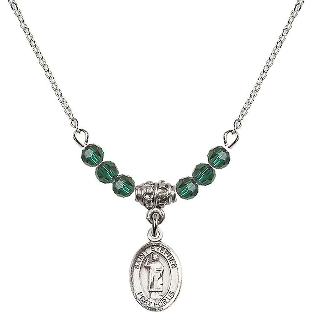 Sterling Silver Saint Stephen the Martyr Birthstone Necklace with Emerald Beads - 9104