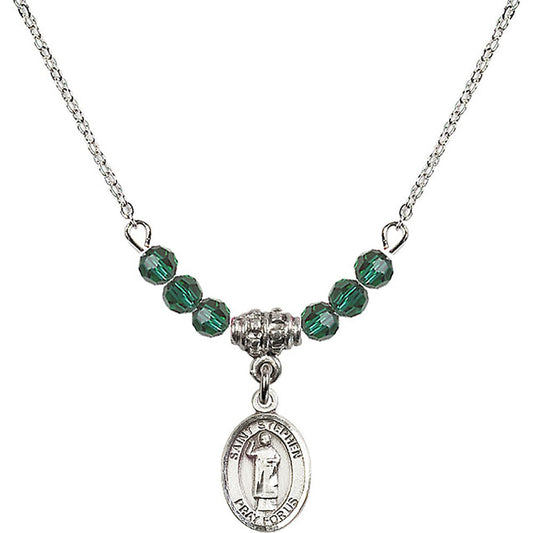 Sterling Silver Saint Stephen the Martyr Birthstone Necklace with Emerald Beads - 9104