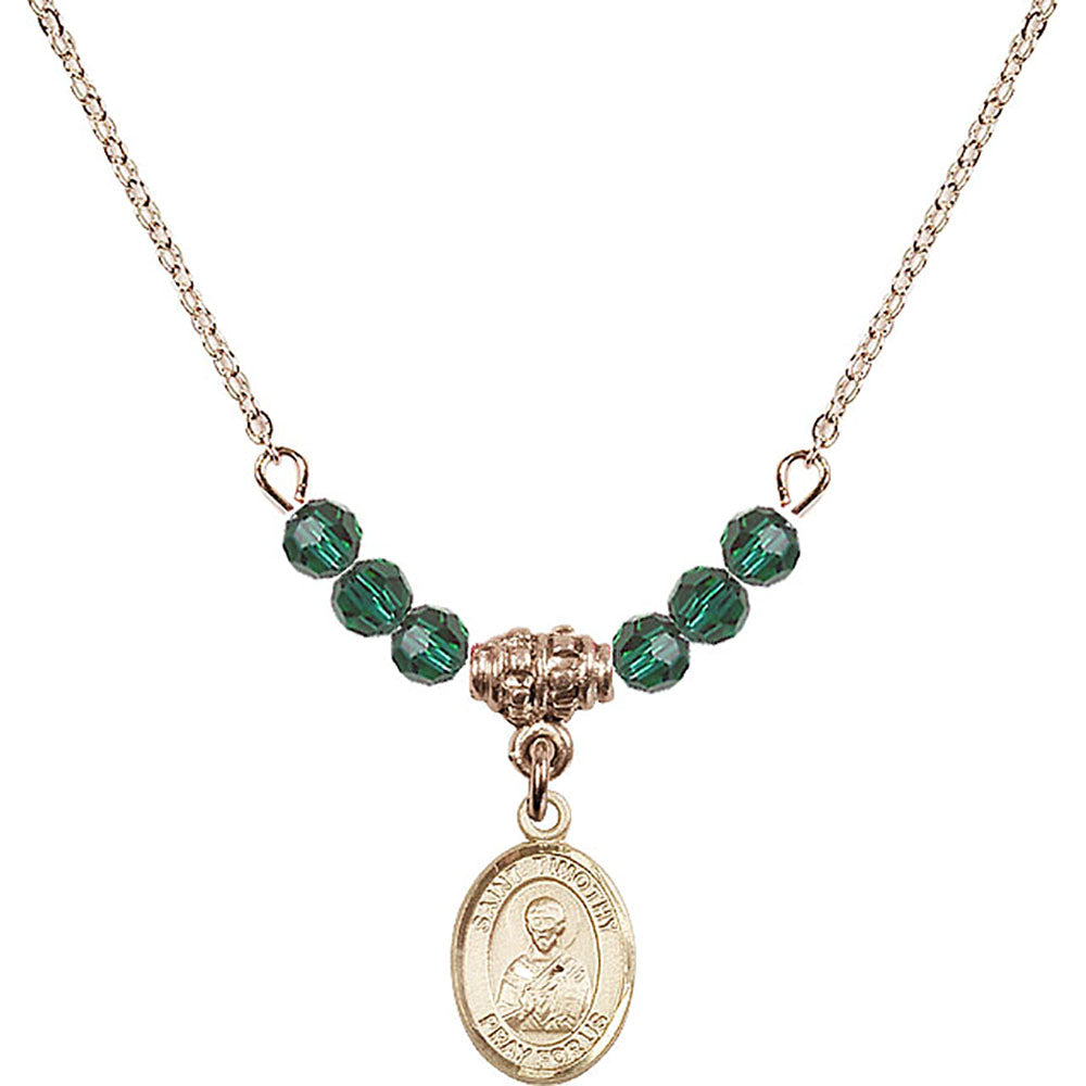 14kt Gold Filled Saint Timothy Birthstone Necklace with Emerald Beads - 9105