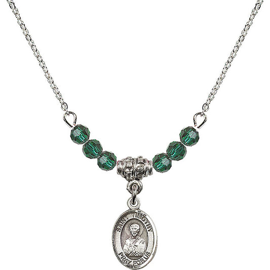 Sterling Silver Saint Timothy Birthstone Necklace with Emerald Beads - 9105