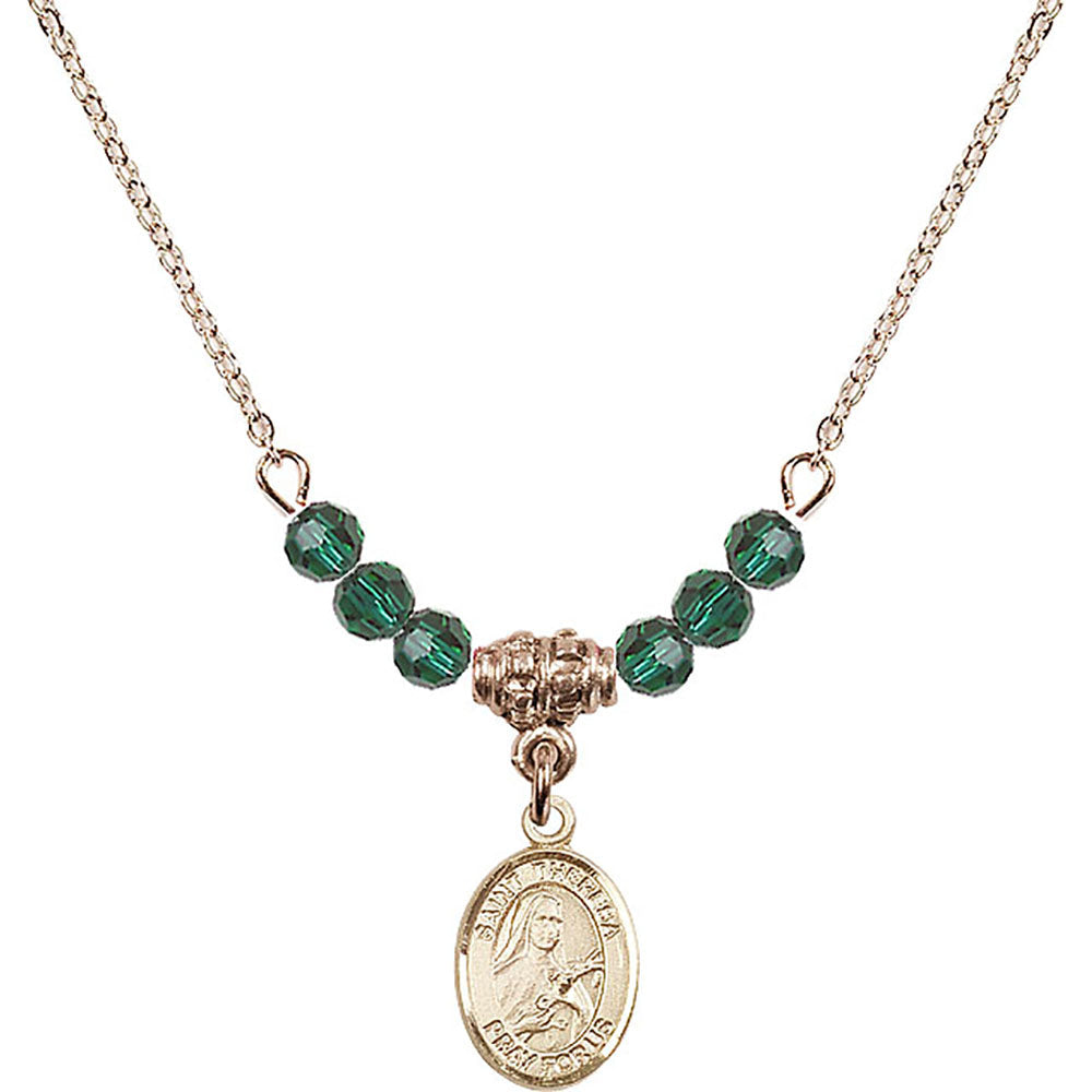 14kt Gold Filled Saint Theresa Birthstone Necklace with Emerald Beads - 9106