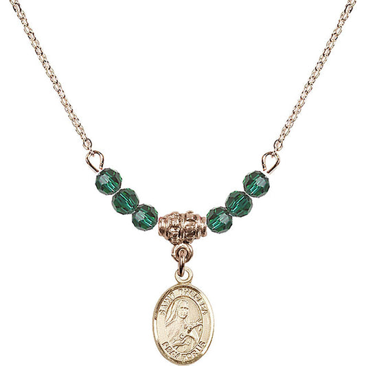 14kt Gold Filled Saint Theresa Birthstone Necklace with Emerald Beads - 9106