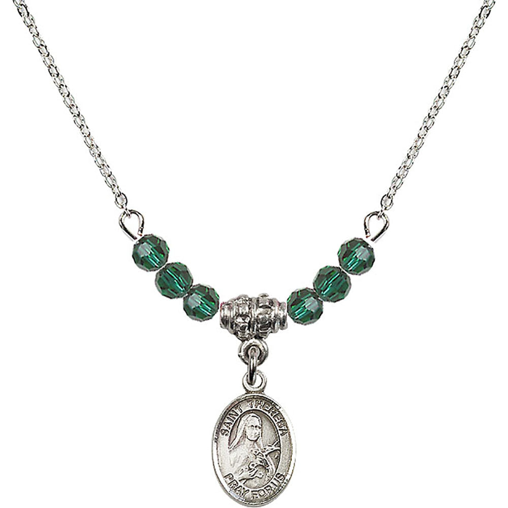 Sterling Silver Saint Theresa Birthstone Necklace with Emerald Beads - 9106