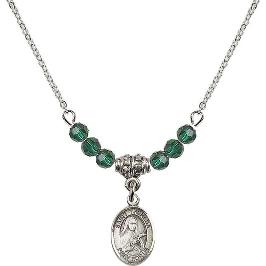 Sterling Silver Saint Theresa Birthstone Necklace with Emerald Beads - 9106
