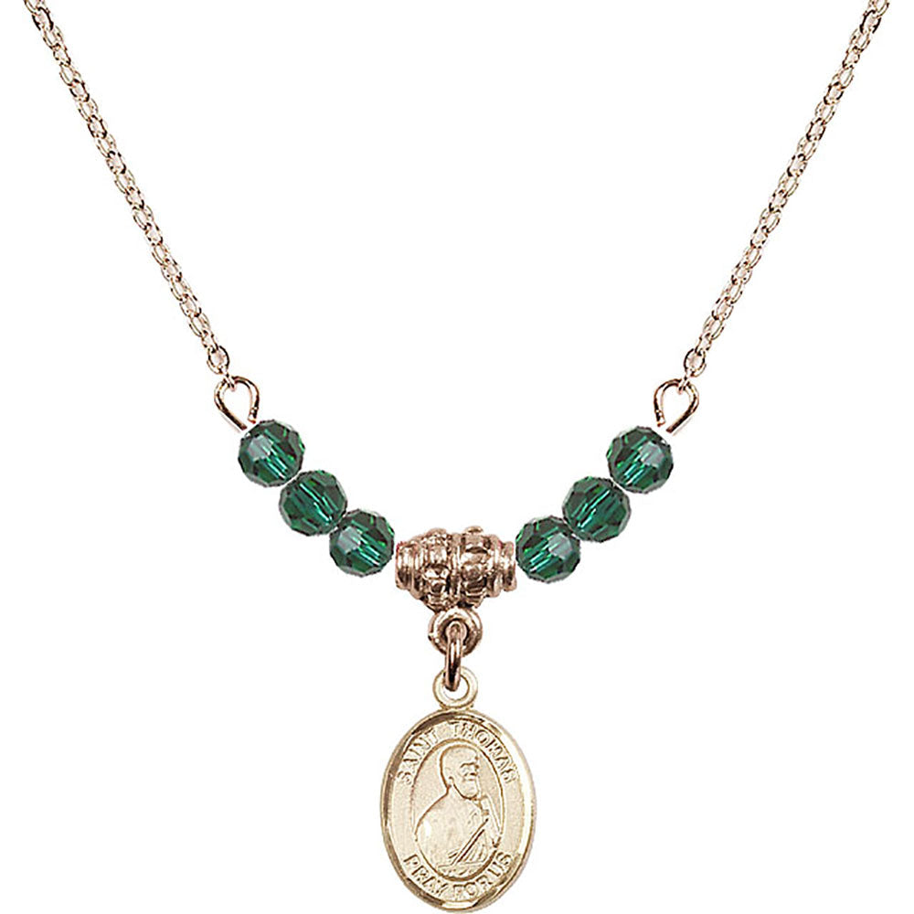 14kt Gold Filled Saint Thomas the Apostle Birthstone Necklace with Emerald Beads - 9107