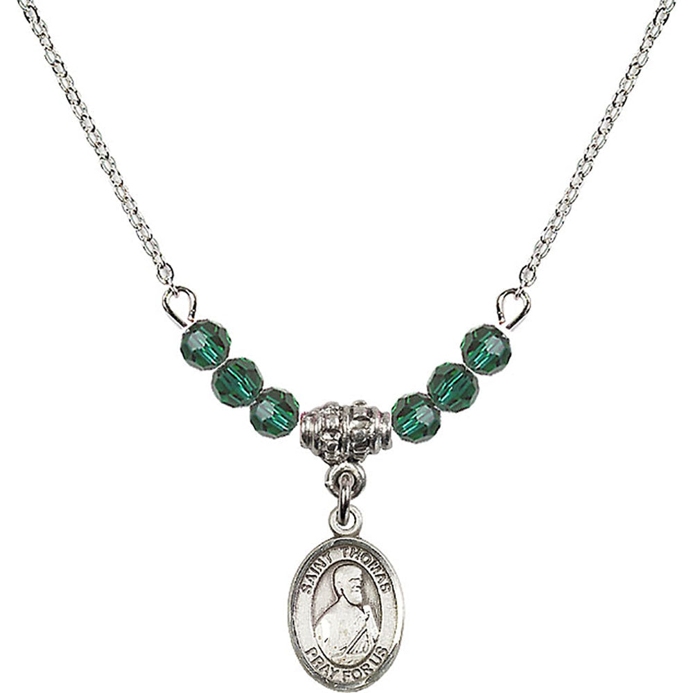 Sterling Silver Saint Thomas the Apostle Birthstone Necklace with Emerald Beads - 9107