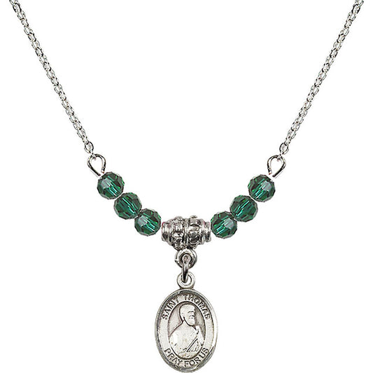 Sterling Silver Saint Thomas the Apostle Birthstone Necklace with Emerald Beads - 9107