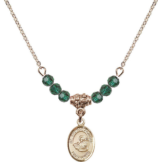 14kt Gold Filled Saint Thomas Aquinas Birthstone Necklace with Emerald Beads - 9108