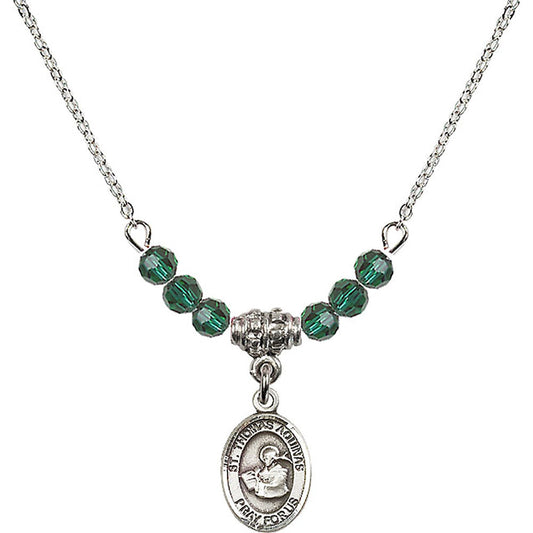 Sterling Silver Saint Thomas Aquinas Birthstone Necklace with Emerald Beads - 9108