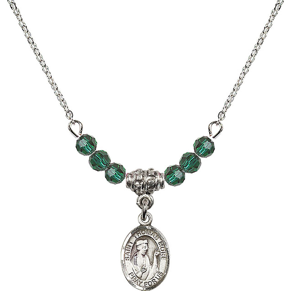 Sterling Silver Saint Thomas More Birthstone Necklace with Emerald Beads - 9109