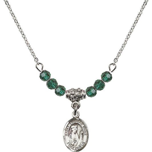 Sterling Silver Saint Thomas More Birthstone Necklace with Emerald Beads - 9109