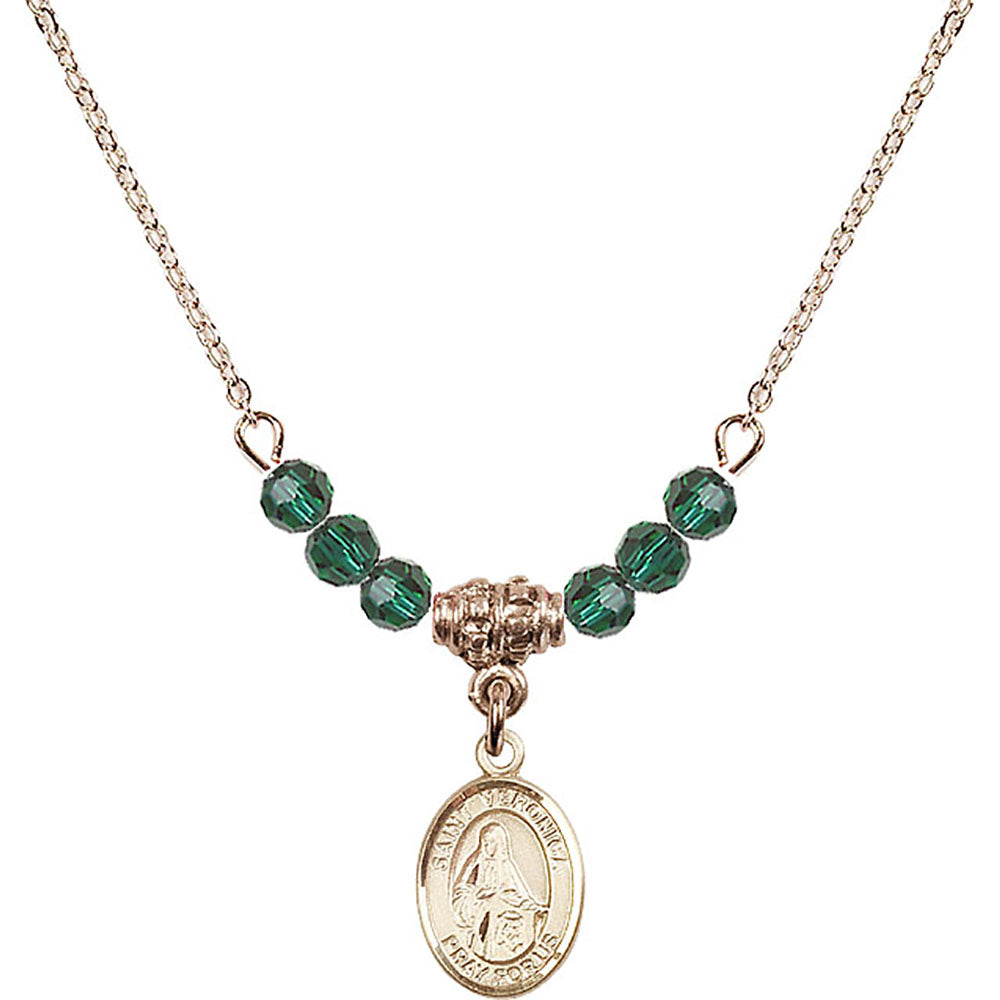 14kt Gold Filled Saint Veronica Birthstone Necklace with Emerald Beads - 9110