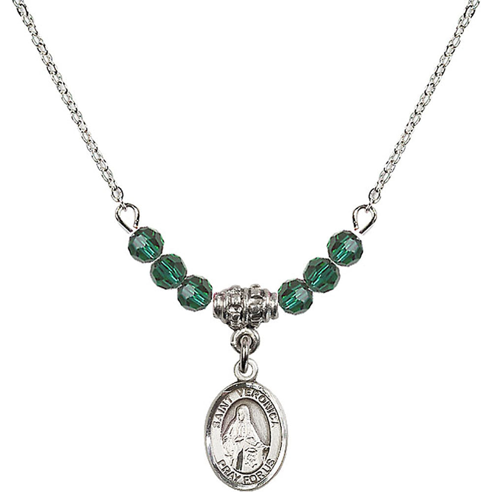 Sterling Silver Saint Veronica Birthstone Necklace with Emerald Beads - 9110