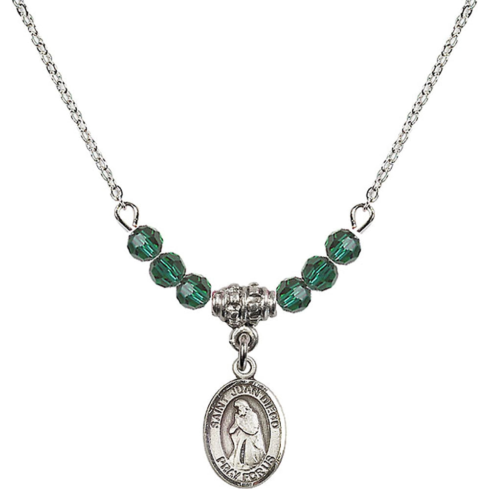 Sterling Silver Saint Juan Diego Birthstone Necklace with Emerald Beads - 9111