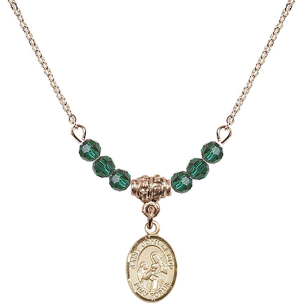 14kt Gold Filled Saint John of God Birthstone Necklace with Emerald Beads - 9112