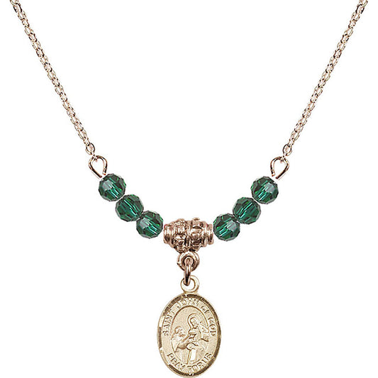 14kt Gold Filled Saint John of God Birthstone Necklace with Emerald Beads - 9112