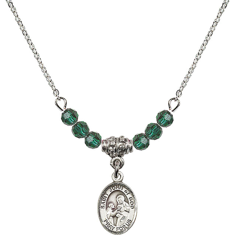 Sterling Silver Saint John of God Birthstone Necklace with Emerald Beads - 9112