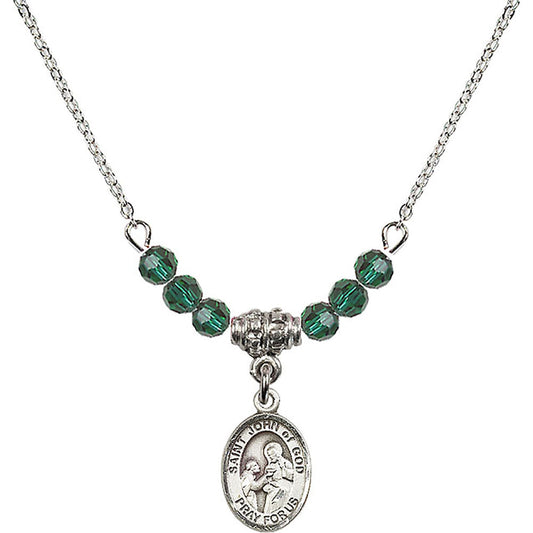 Sterling Silver Saint John of God Birthstone Necklace with Emerald Beads - 9112