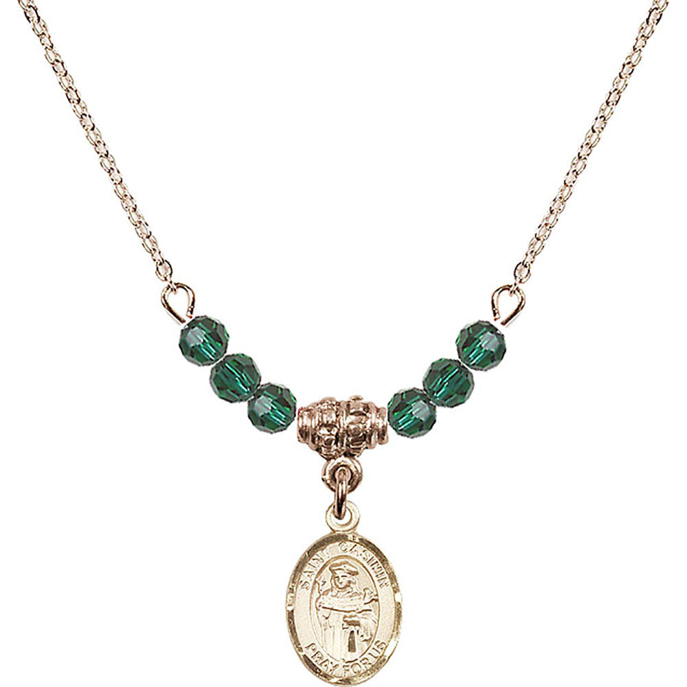 14kt Gold Filled Saint Casimir of Poland Birthstone Necklace with Emerald Beads - 9113