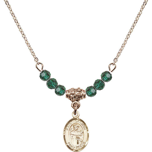 14kt Gold Filled Saint Casimir of Poland Birthstone Necklace with Emerald Beads - 9113