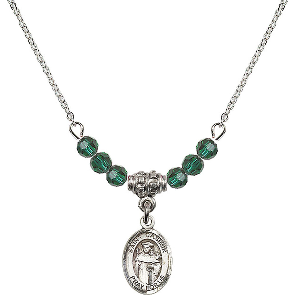 Sterling Silver Saint Casimir of Poland Birthstone Necklace with Emerald Beads - 9113
