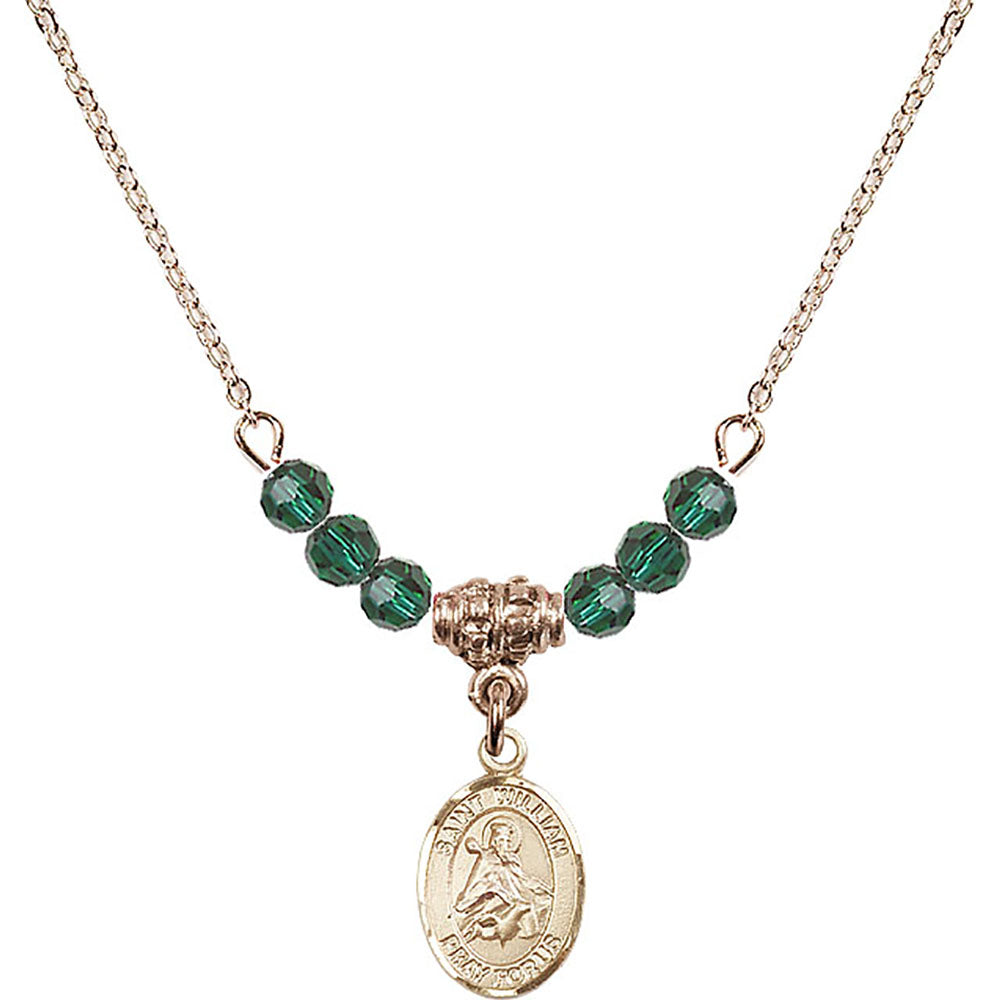 14kt Gold Filled Saint William of Rochester Birthstone Necklace with Emerald Beads - 9114