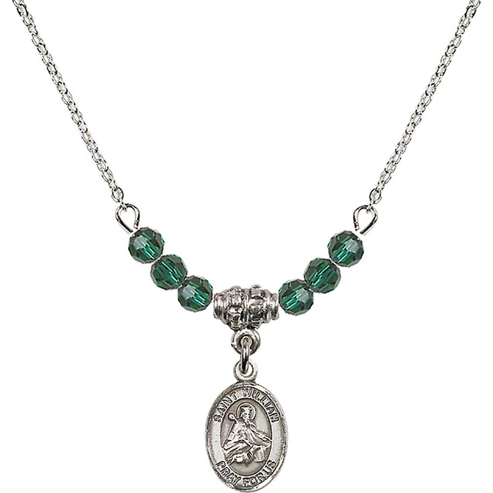 Sterling Silver Saint William of Rochester Birthstone Necklace with Emerald Beads - 9114