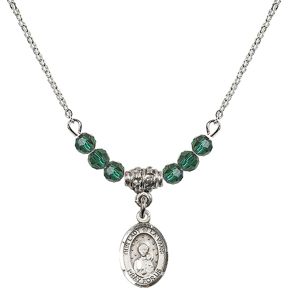 Sterling Silver Our Lady of la Vang Birthstone Necklace with Emerald Beads - 9115