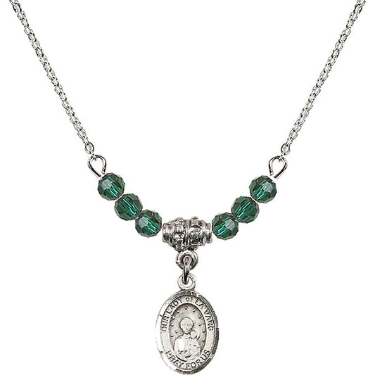 Sterling Silver Our Lady of la Vang Birthstone Necklace with Emerald Beads - 9115