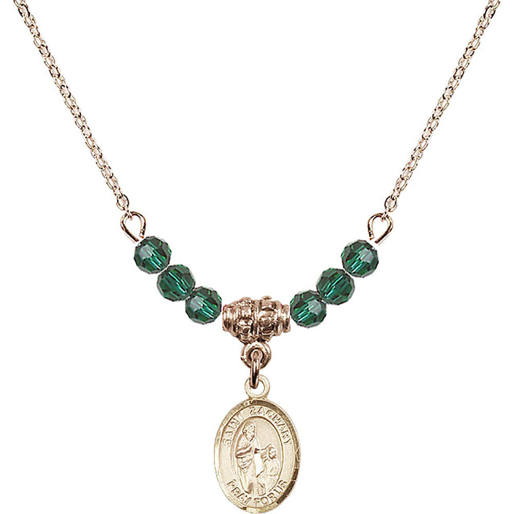 14kt Gold Filled Saint Zachary Birthstone Necklace with Emerald Beads - 9116