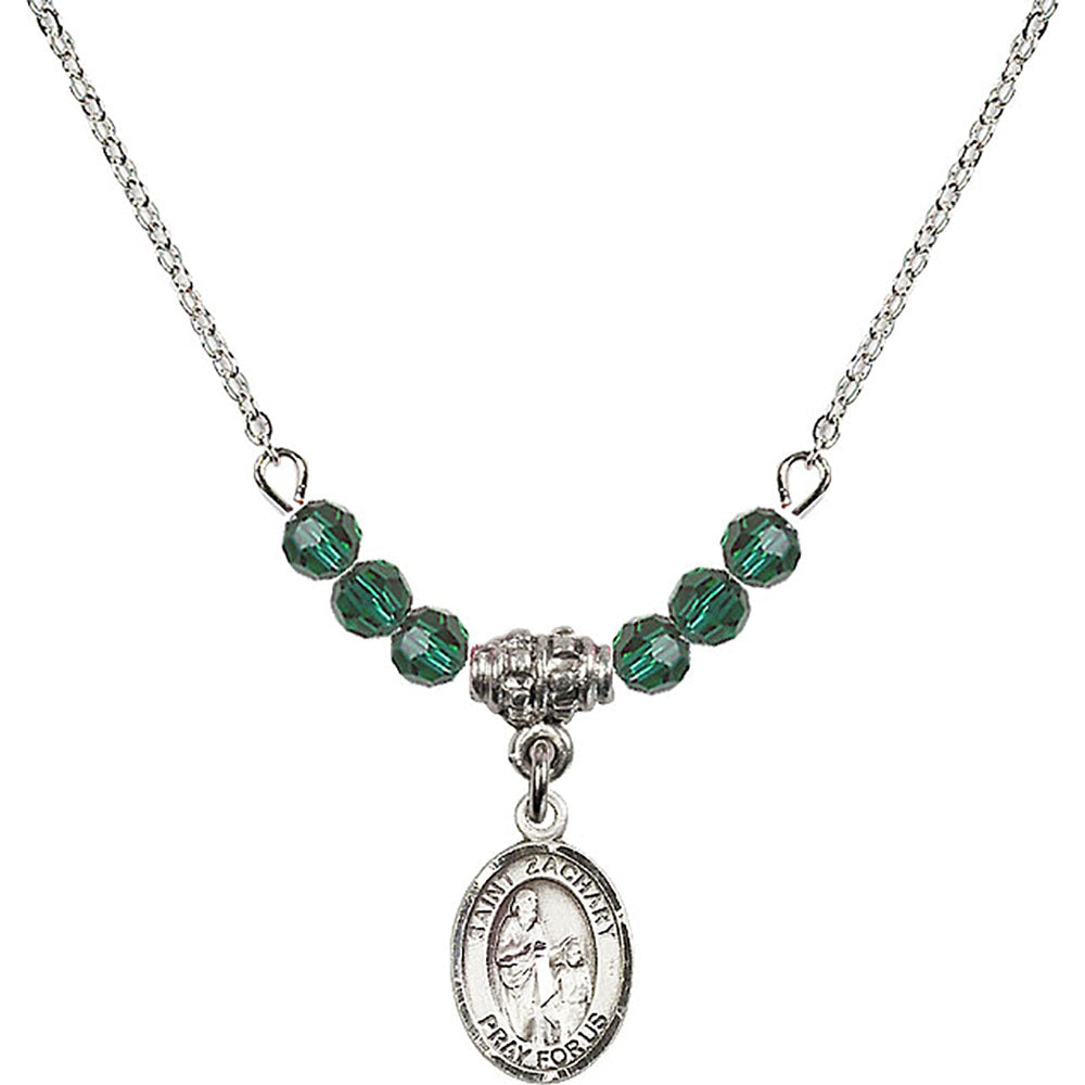 Sterling Silver Saint Zachary Birthstone Necklace with Emerald Beads - 9116