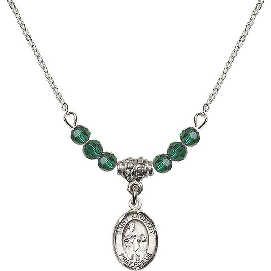 Sterling Silver Saint Zachary Birthstone Necklace with Emerald Beads - 9116