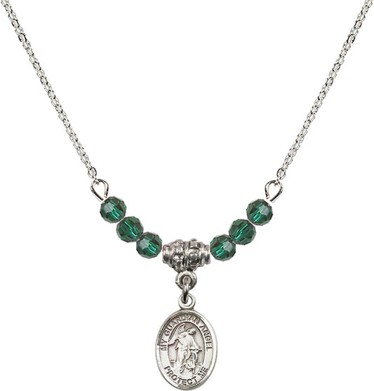 Sterling Silver Guardian Angel w/Child Birthstone Necklace with Emerald Beads - 9118