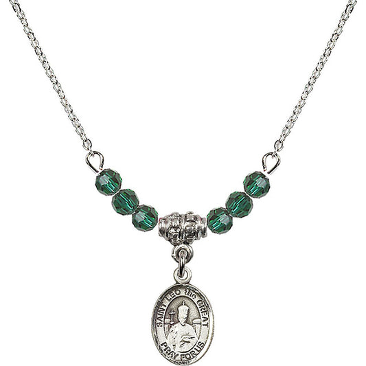 Sterling Silver Saint Leo the Great Birthstone Necklace with Emerald Beads - 9120