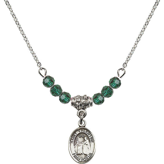 Sterling Silver Saint Valentine of Rome Birthstone Necklace with Emerald Beads - 9121