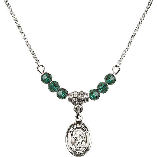 Sterling Silver Saint Brigid of Ireland Birthstone Necklace with Emerald Beads - 9123