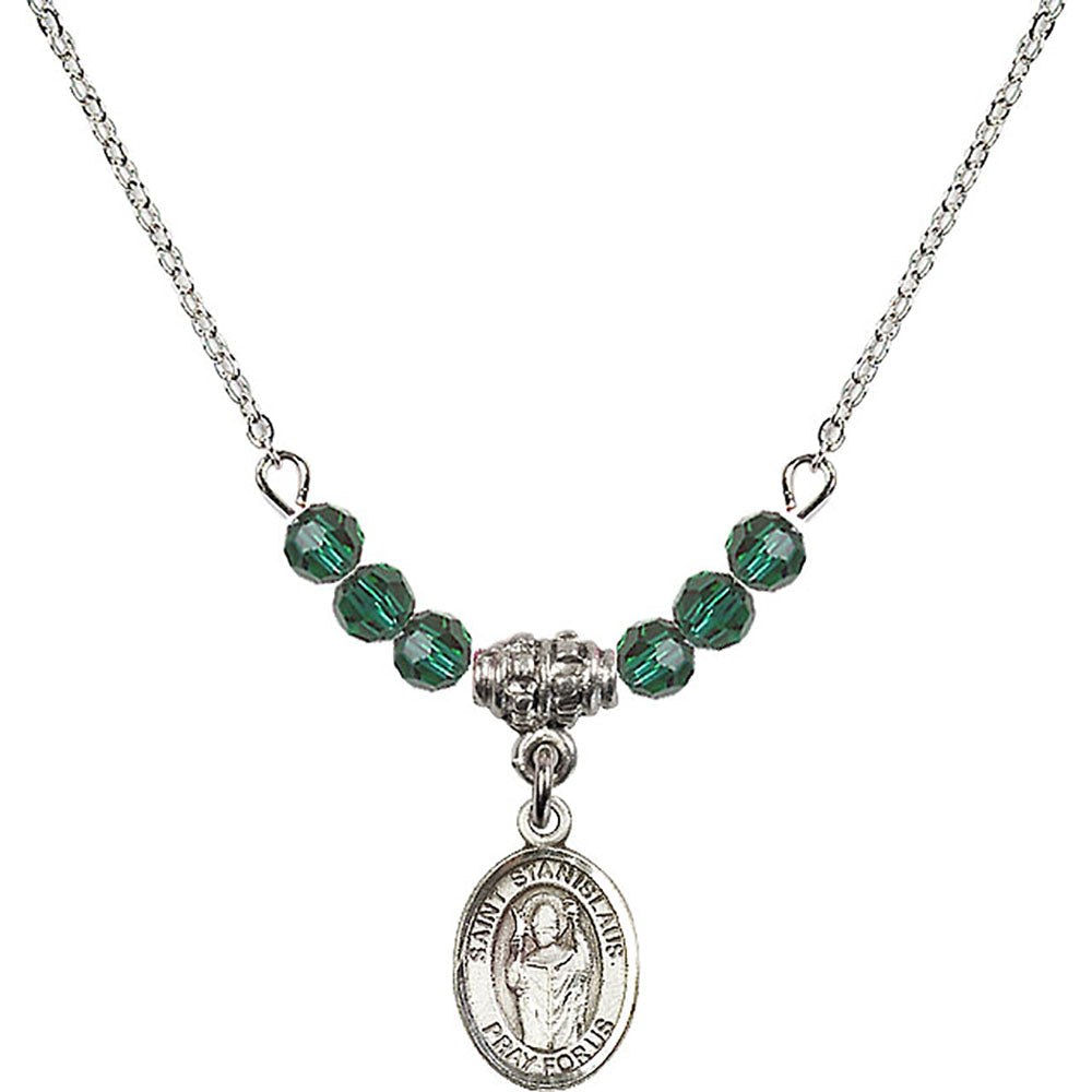 Sterling Silver Saint Stanislaus Birthstone Necklace with Emerald Beads - 9124