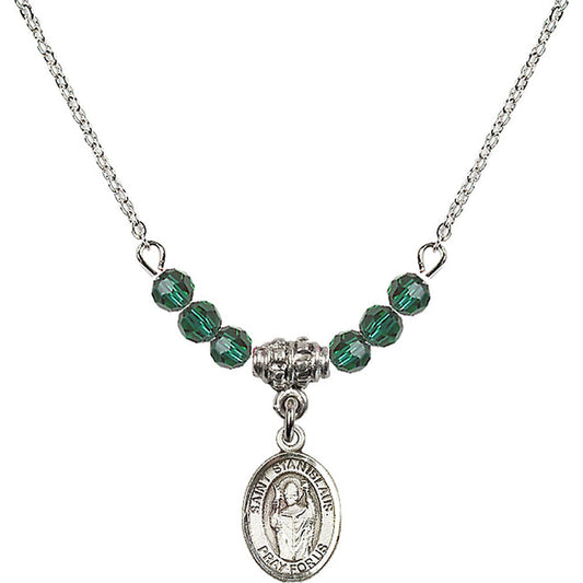 Sterling Silver Saint Stanislaus Birthstone Necklace with Emerald Beads - 9124