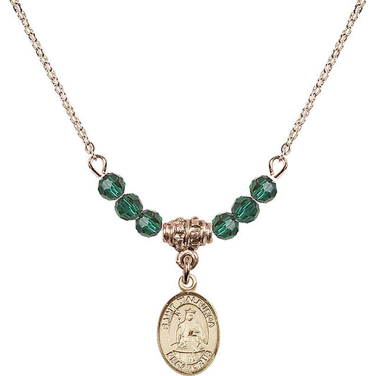 14kt Gold Filled Saint Walburga Birthstone Necklace with Emerald Beads - 9126