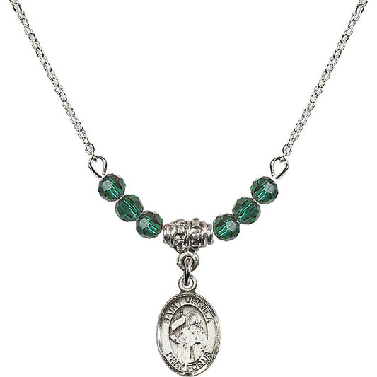 Sterling Silver Saint Ursula Birthstone Necklace with Emerald Beads - 9127