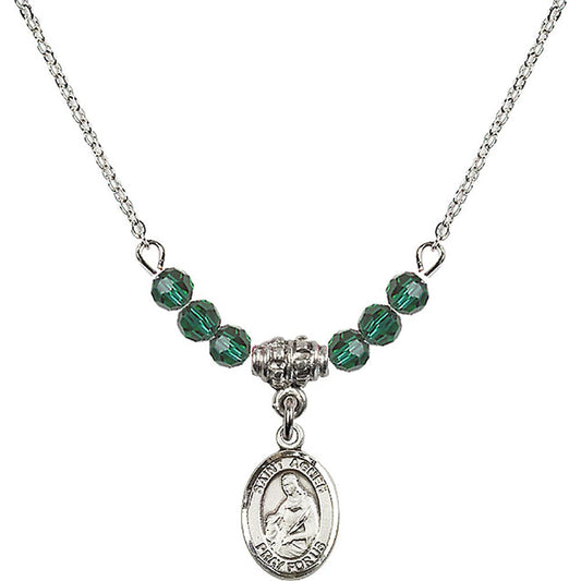 Sterling Silver Saint Agnes of Rome Birthstone Necklace with Emerald Beads - 9128